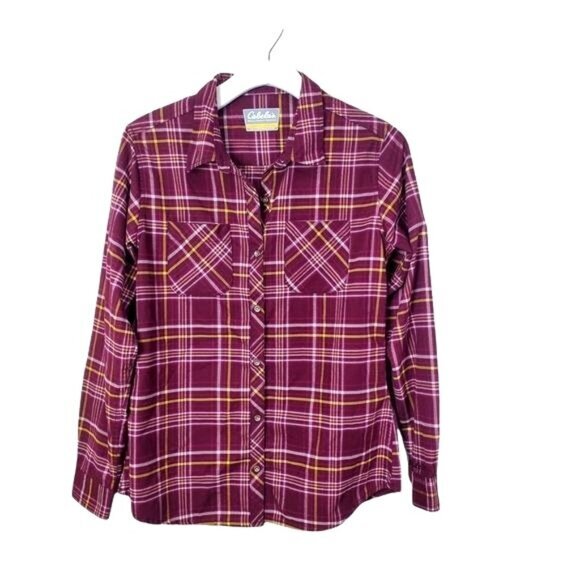CABELA'S Womens Button Up SZ S Plaid Flannel‎ Burgundy Warm Soft Pockets Collar - Picture 1 of 10